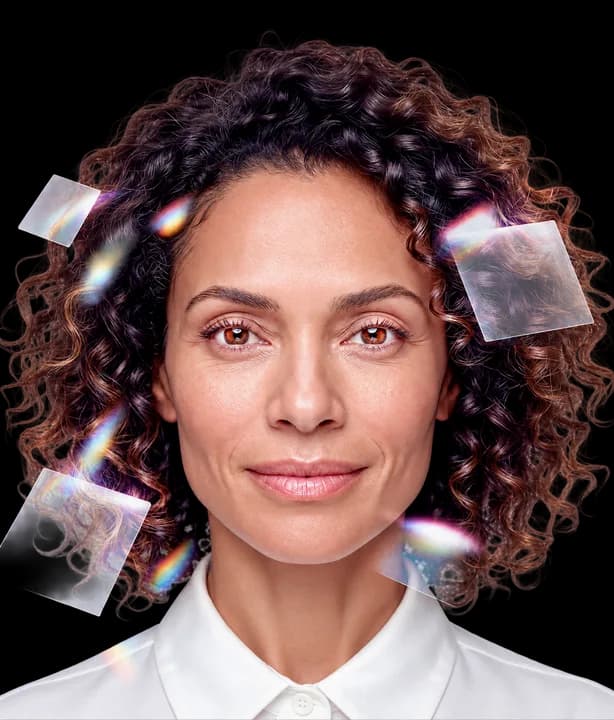 Retrato de uma mulher de cabelos cacheados olhando para a frente, cercada por fragmentos de vidro translúcido