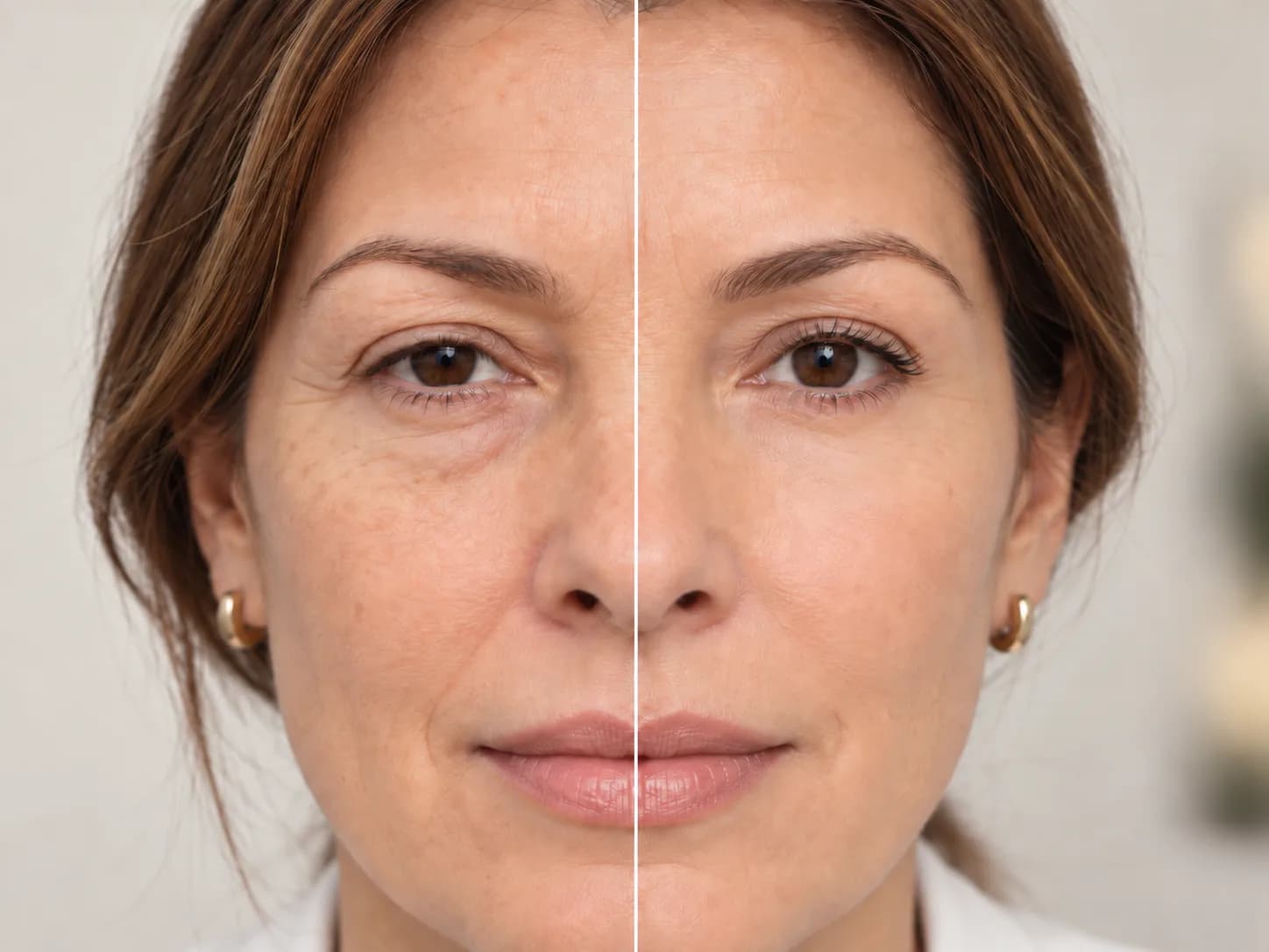 Ilustração do rosto de uma mulher dividido ao meio, comparando a região dos olhos com e sem sinais de envelhecimento